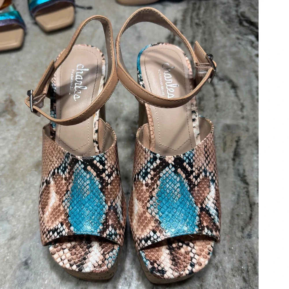 Charles David Wedge Sandals Women 7 Snakeskin Platform Cork Turquoise Tan